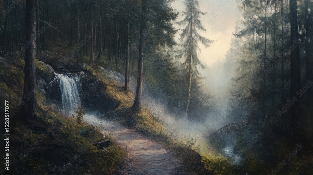 Obraz premium Misty forest path, waterfall, bridge, sunrise