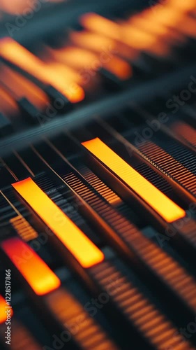 Close-up view of electronic sound mixing equipment highlighting illuminated sliders in a music studio setting during nighttime