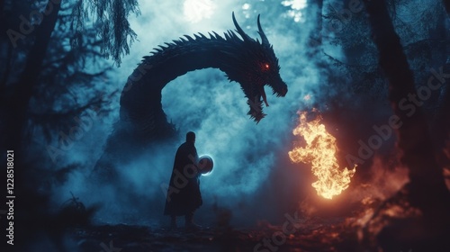 A towering fire-breathing dragon attacking a knight who holds a magical, glowing shield. The background is a shadowy forest with twisted trees, faint moonlight, and thick fog adding an eerie ambiance. photo