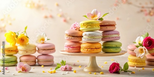 A delightful arrangement of pastel-colored macarons, delicately adorned with fresh blossoms, presented on an elegant cake stand, creating a charming and appetizing springtime scene.