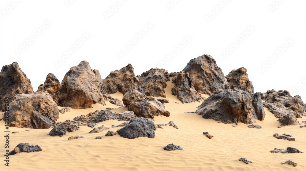 Rocky desert landscape with sand dunes under a clear sky, ideal for nature-themed projects Rocky desert landscape with sand dunes under a clear sky, ideal for nature-themed projects