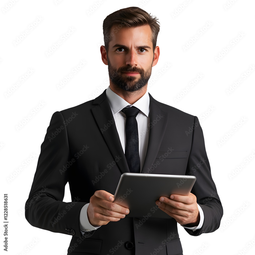 Confident Businessman in Suit Using Tablet, Isolated on Transparent Background Confident Businessman in Suit Using Tablet, Isolated on Transparent Background