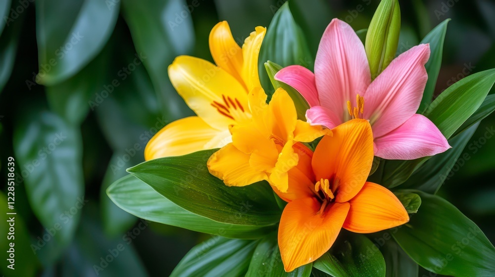 Vibrant Close-Up of Colorful Lilies on Lush Green Leaves Vibrant Close-Up of Colorful Lilies on Lush Green Leaves