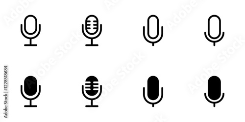 Microphone icon set, flat style line and glyph vector illustrations