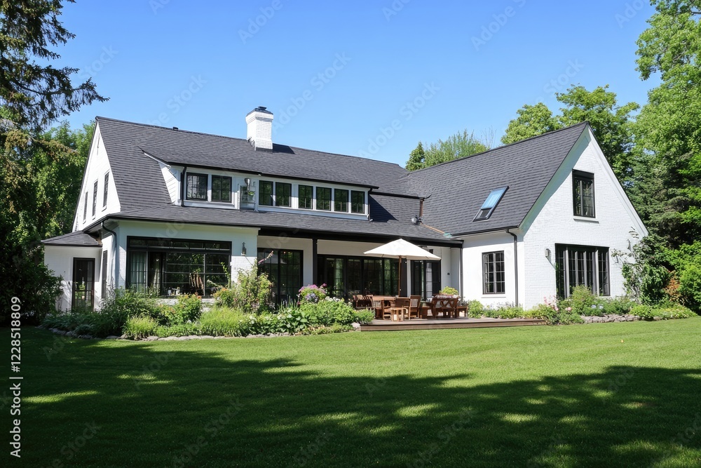 A white modern farmhouse with a black roof, a large front porch, and oversized windows on the right side of the home. A white modern farmhouse with a black roof, a large front porch, and oversized windows on the right side of the home.