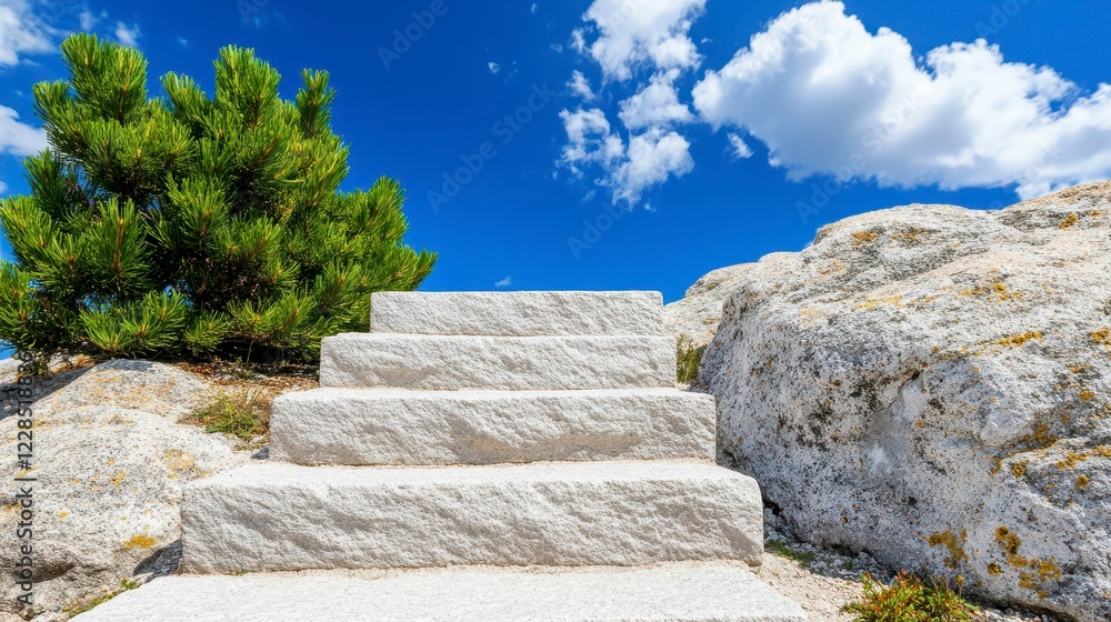 Fototapeta premium Stone Steps Leading Up to Bright Blue Sky and Green Pine Tree