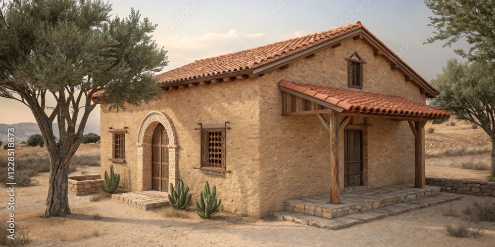 Rustic adobe house surrounded by desert landscape showcasing traditional architecture in the warm afternoon sun Rustic adobe house surrounded by desert landscape showcasing traditional architecture in the warm afternoon sun