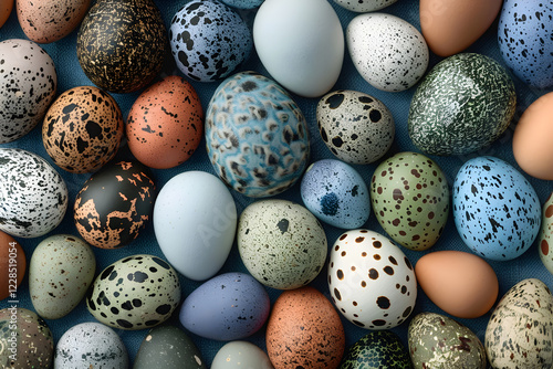 A Study in Oology: Diverse Collection of Bird Eggs on a Denim Background photo