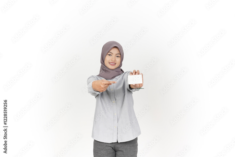 Holding and Presenting Blank Card Of Beautiful Asian Woman Wearing Hijab Isolated On White Background Holding and Presenting Blank Card Of Beautiful Asian Woman Wearing Hijab Isolated On White Background