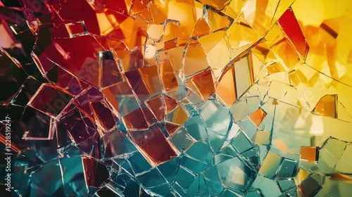 An abstract technology background is depicted through shattered glass, creating a dynamic and fragmented visual representation of interconnected digital world, with vibrant colors photo