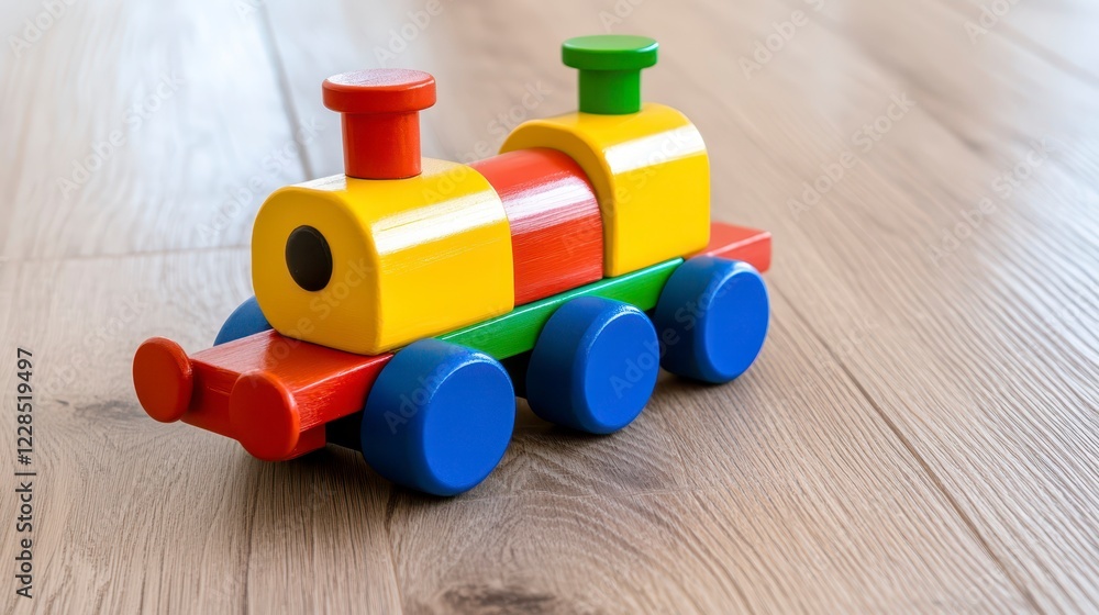 Vibrant Wooden Toy Train with Colorful Pieces on Wooden Floor Vibrant Wooden Toy Train with Colorful Pieces on Wooden Floor