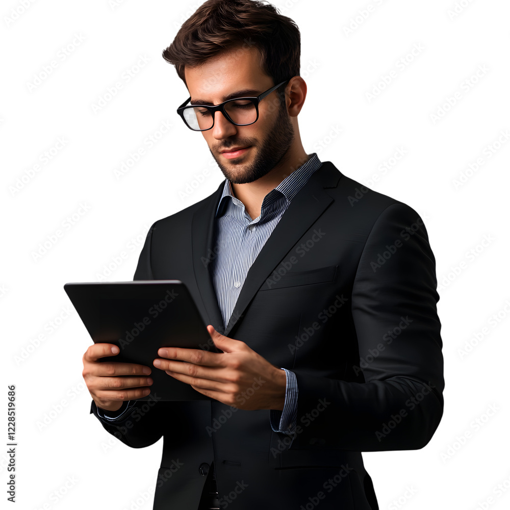 Confident Businessman in Suit Using Tablet, Isolated on Transparent Background Confident Businessman in Suit Using Tablet, Isolated on Transparent Background
