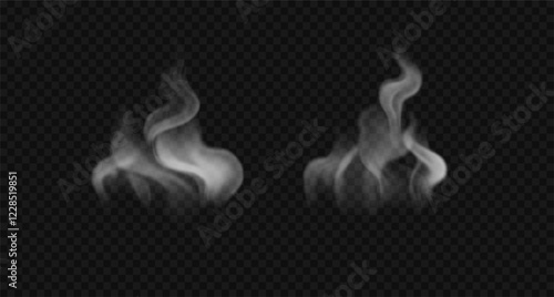 Realistic wavy smoke, hot food steam, bbq, cigarette smoke. Vector swirl white fog, haze, isolated on transparent background