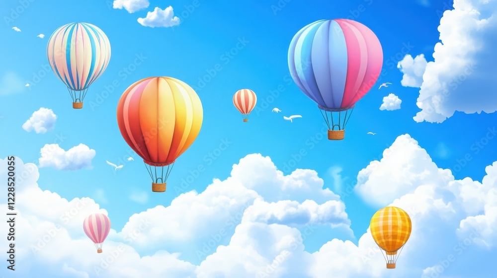 Fototapeta premium Background with multicolored flying balloons in blue sky