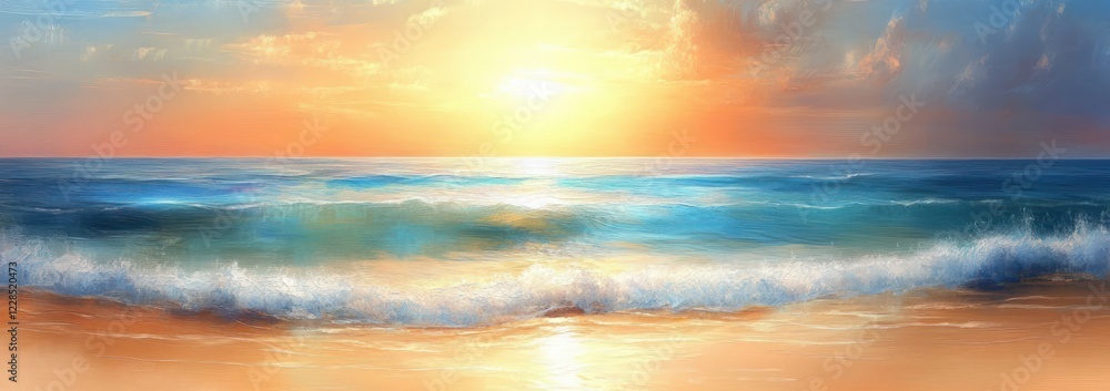 Obraz premium Beach Scene with Tropical Sand Blue Sea and Palm Leaves Under Sunset Light