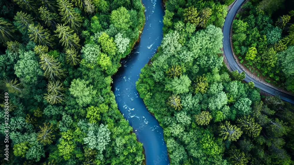 Aerial view of a river winding through a lush green forest, with a road curving alongside. Aerial view of a river winding through a lush green forest, with a road curving alongside.