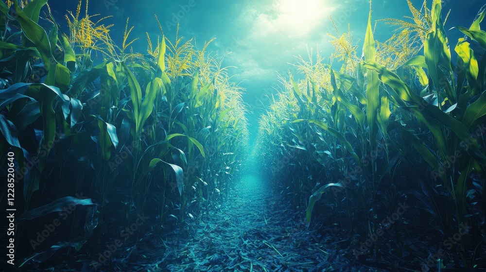 Obraz premium Mystical cornfield path at twilight, sunlit. Perfect for fantasy, mystery, or nature themes.