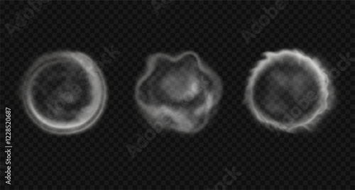 Set of vector white round haze, fog, mist. Realistic abstract circles of steam, cigarette smoke isolated on transparent backdrop