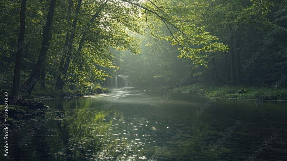 Obraz premium Misty forest stream, waterfall, sunlight, tranquil nature scene, idyllic background