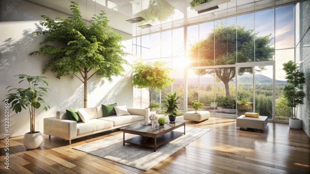 Fototapeta premium Stunning Double Exposure of Modern Minimalist Interior Bathed in Natural Sunlight, Showcasing Shadows and Calm Ambiance for Contemporary Home Decor Inspiration