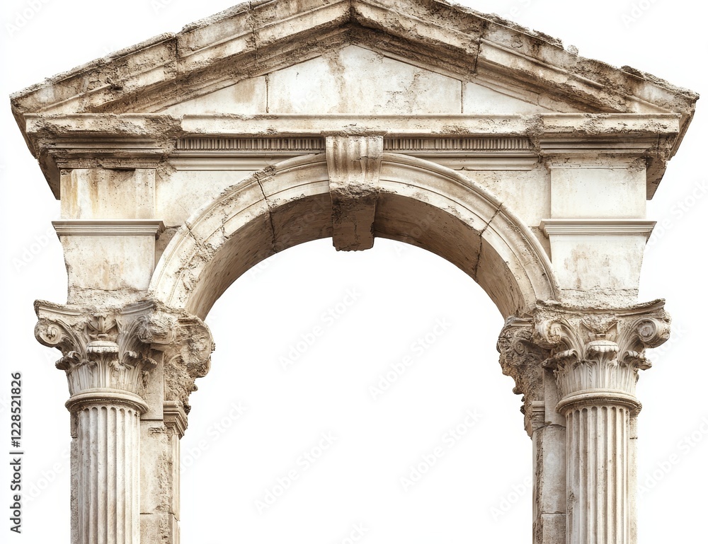 Obraz premium Ancient stone archway with weathered columns and pediment, isolated on white.