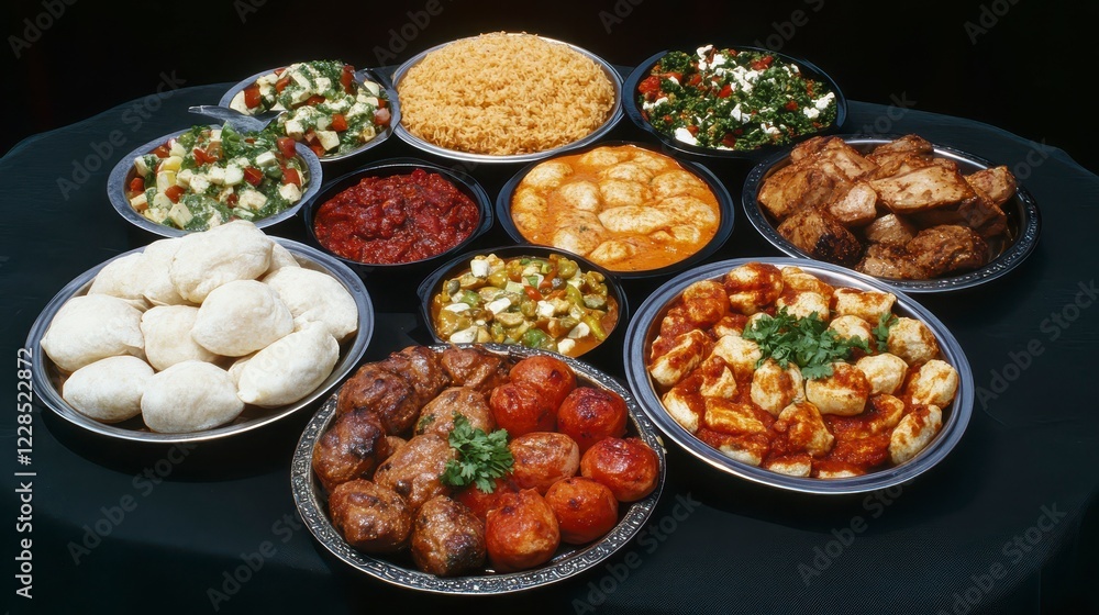 Colorful Array of Traditional Dishes on a Table for Feast Celebration Colorful Array of Traditional Dishes on a Table for Feast Celebration