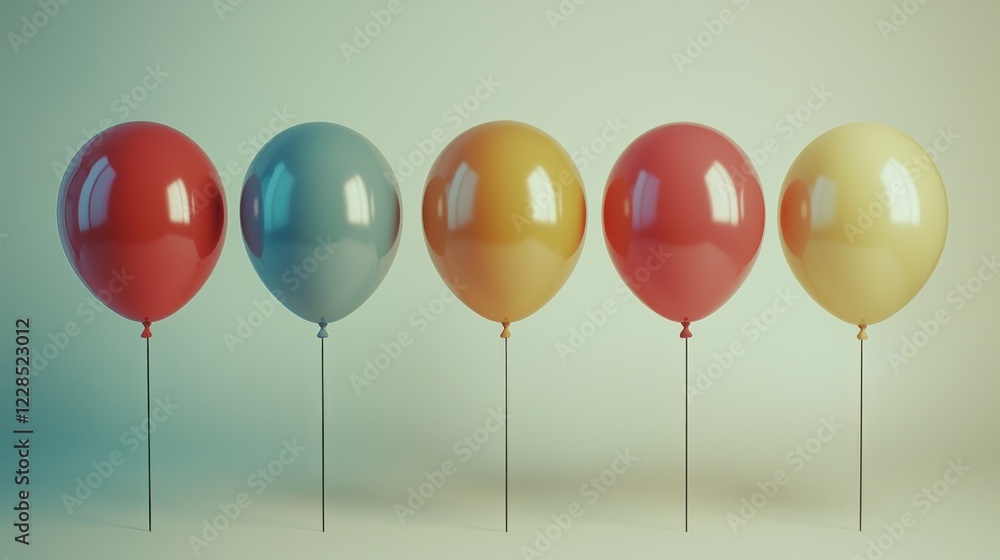 Five colorful balloons on sticks against a minimal backdrop Five colorful balloons on sticks against a minimal backdrop