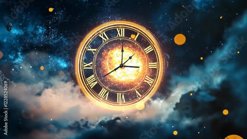 Celestial clock face with fiery center, set against a cosmic backdrop of nebulae and glowing particles.