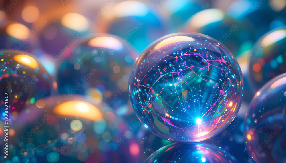 Close-up of radiant glass spheres reflecting rainbow colors Close-up of radiant glass spheres reflecting rainbow colors