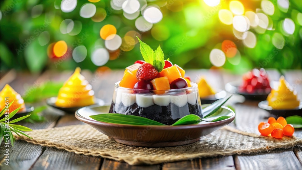 Obraz premium Thai Dessert Delight: Grass Jelly with Coconut Cream and Fresh Fruits in a Bokeh Background - Exquisite Asian Dessert Presentation for Food Photography and Culinary Art