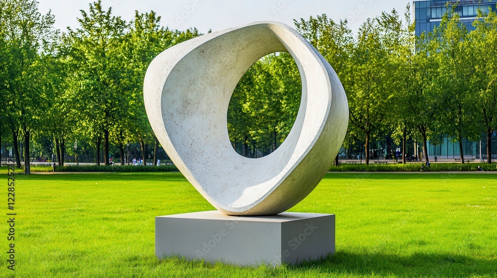 Fototapeta premium Abstract Modern Sculpture in Park Surrounded by Lush Green Trees