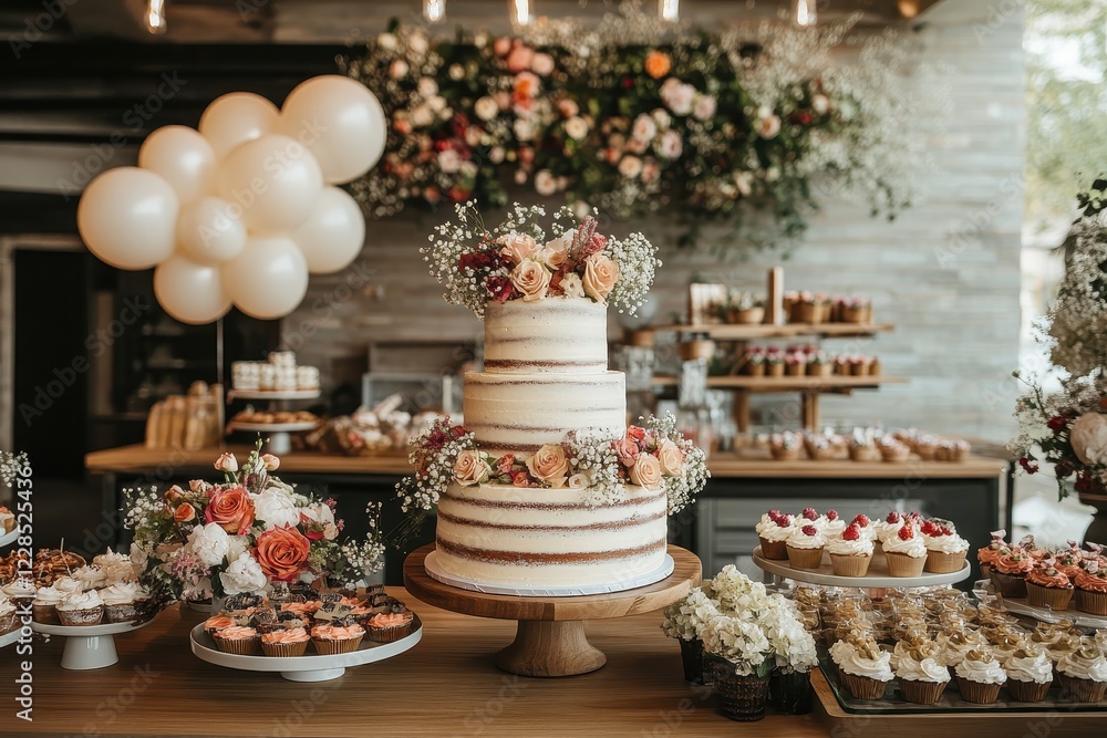 Rustic three-tiered wedding cake adorned with flowers and baby's breath, surrounded by cupcakes and desserts. Perfect for wedding, event, or bakery websites showcasing elegant dessert spreads. Rustic three-tiered wedding cake adorned with flowers and baby's breath, surrounded by cupcakes and desserts. Perfect for wedding, event, or bakery websites showcasing elegant dessert spreads.