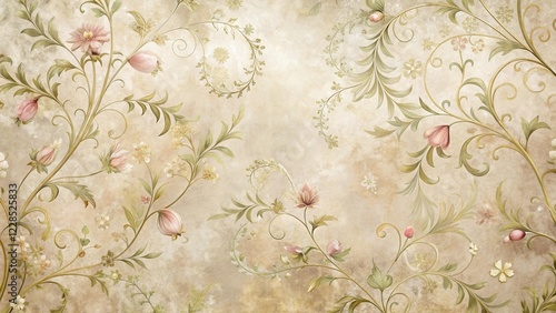 Wallpaper Mural Elegant Floral Design on Antique-Inspired Background, Featuring Delicate Blooms and Ornate Swirls Torontodigital.ca