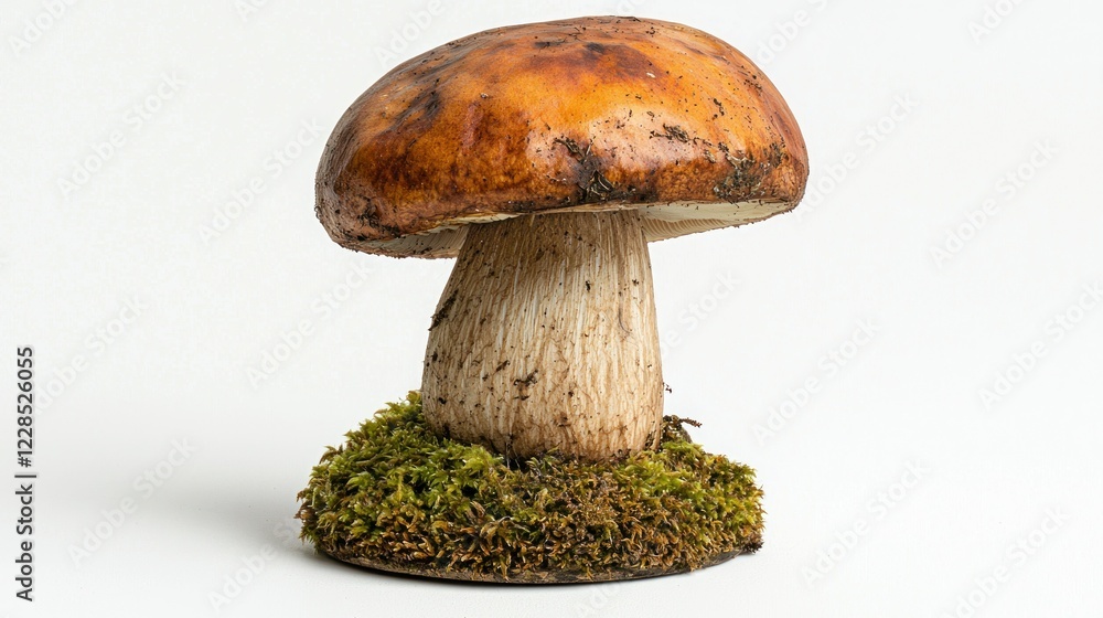 Forest mushroom on moss, white background, studio shot, food photography Forest mushroom on moss, white background, studio shot, food photography