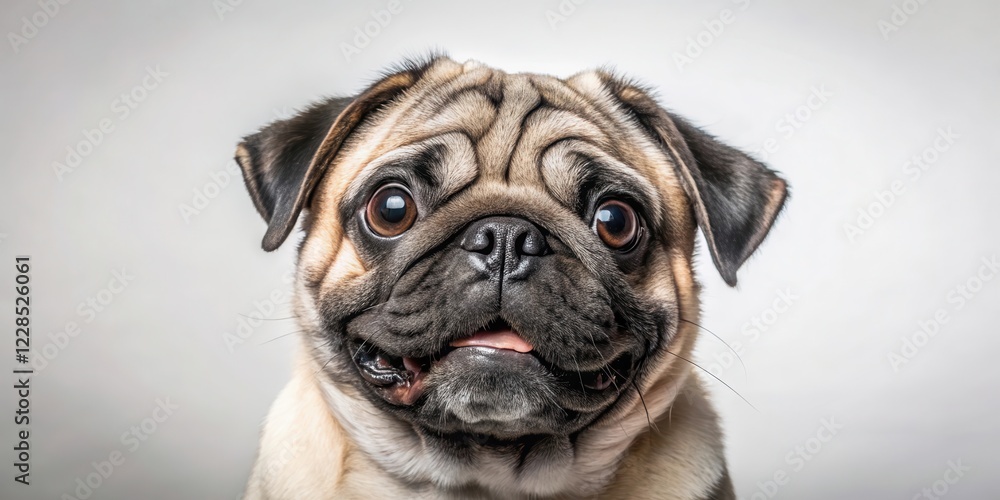 Adorable pug dog with gray fur partially exposed on its head, playful expression Adorable pug dog with gray fur partially exposed on its head, playful expression