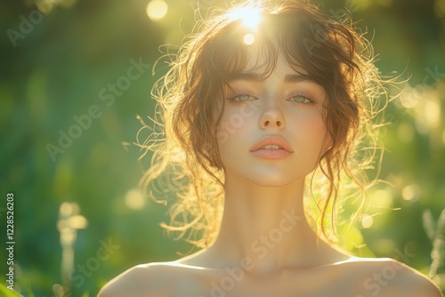 Portrait of happy smiling woman enjoying sunset outdoors in garden photo