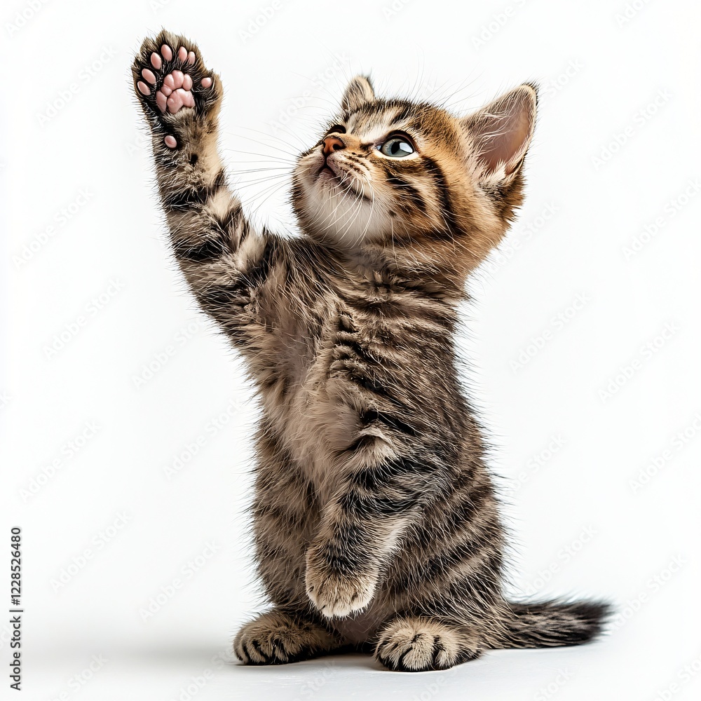 Fototapeta premium Playful kitten reaching up, white background, studio shot, pet adoption