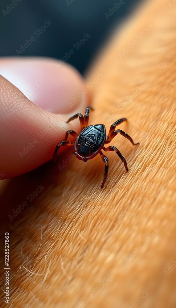Obraz premium Closeup hand showing big tick parasite on a dog skin, selective focus, enhance, with white tones
