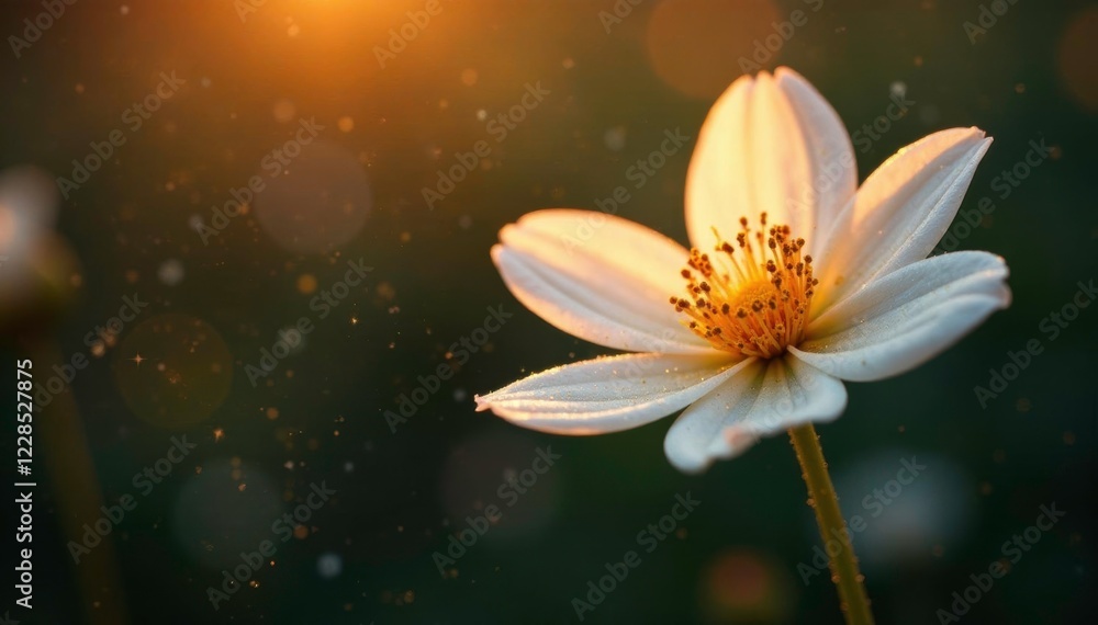 Fototapeta premium Sparkling gold dust settles on a delicate flower, golden, flower