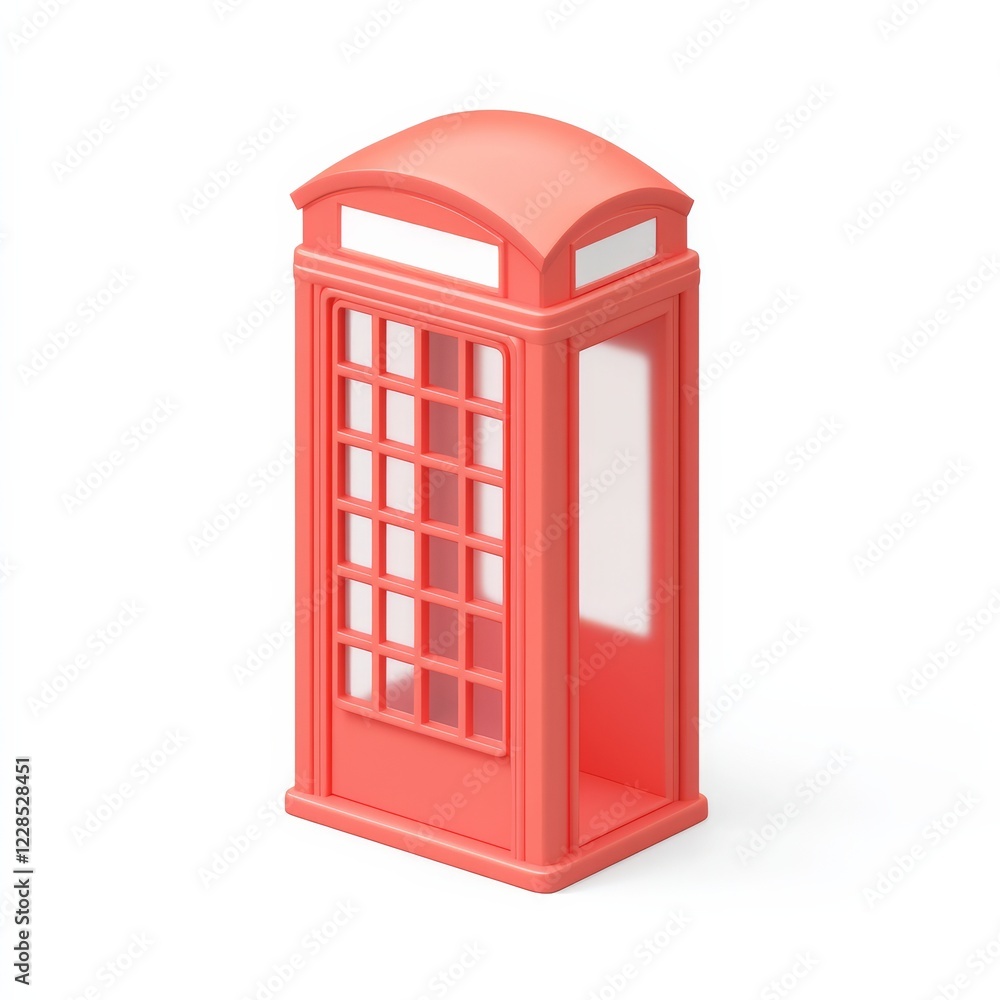 A vibrant, stylized telephone booth with a classic design, featuring windows and a distinctive roof, rendered in a coral color. A vibrant, stylized telephone booth with a classic design, featuring windows and a distinctive roof, rendered in a coral color.