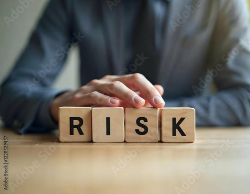 Risk management concept. Businessman hand put RISK word on wooden block cube for financial banking analysis and business management. money risk assessment, Reducing project risk, finance, insurance