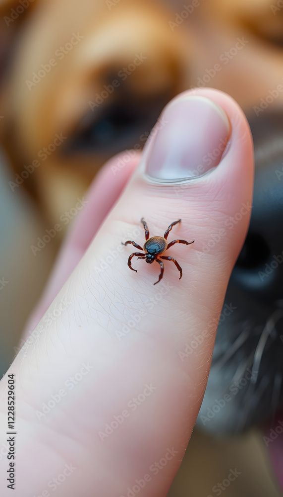 Obraz premium Closeup hand showing big tick parasite on a dog skin, selective focus, crayon drawing, with white tones
