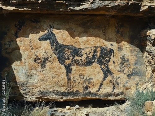 Ancient rock art depicting an antelope on a natural sandstone wall outdoors photo