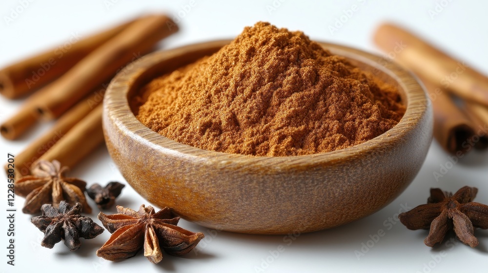 A bowl of cinnamon powder surrounded by cinnamon sticks and star anise. A bowl of cinnamon powder surrounded by cinnamon sticks and star anise.