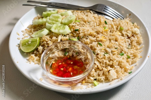 Close-up of a plate of crab fried rice with fresh cucumber slices, lime, and chilli fish sauce at a street food stall in Silom - Bang Rak, Bangkok, Thailand photo