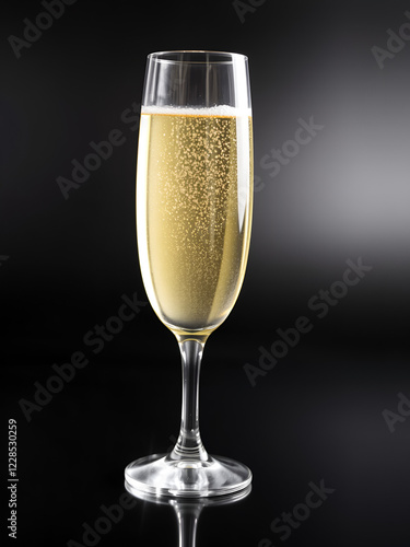 A slender Prosecco glass, its contents sparkling with fine effervescence, resting on a polished black surface photo