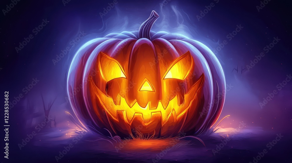 Naklejka premium Spooky Halloween Pumpkin with Glowing Face in Dark Background