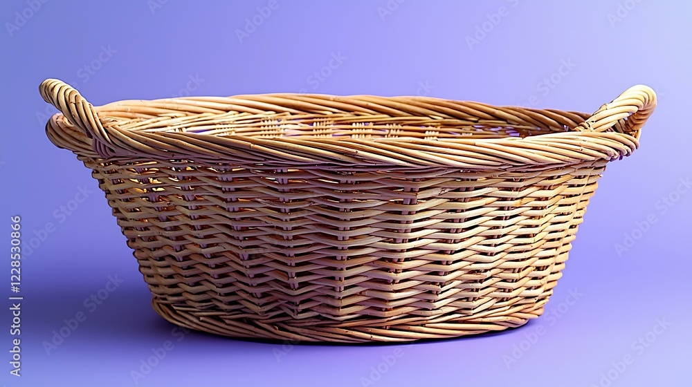 A handwoven rattan basket for sustainable storage, placed on a bold electric purple background, photorealistic, ultra-sharp focus, clear details, studio lighting, natural colors, realistic lighting,