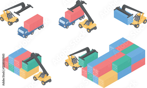 コンテナを運搬しているリーチスタッカーのイラストセット