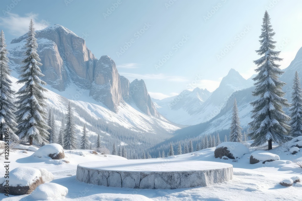 Fototapeta premium Snowy Mountain Landscape With Stone Platform